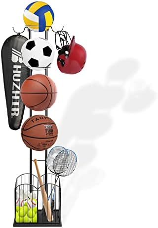 BQKOZFIN Ball Storage Rack, Sports Equipment Storage for Garage, 4 Tier Basketball Organizer Rack with Basket and Hooks, Toy/Sports Gear Storage Indoor/Outdoor (Black) - Image 5