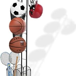 BQKOZFIN Ball Storage Rack, Sports Equipment Storage for Garage, 4 Tier Basketball Organizer Rack with Basket and Hooks, Toy/Sports Gear Storage Indoor/Outdoor (Black)