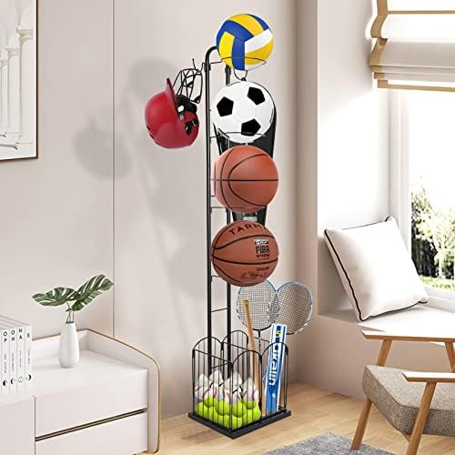 BQKOZFIN Ball Storage Rack, Sports Equipment Storage for Garage, 4 Tier Basketball Organizer Rack with Basket and Hooks, Toy/Sports Gear Storage Indoor/Outdoor (Black) - Image 6