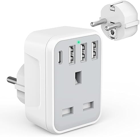 UK to European Travel Adaptor with 4 USB Ports(1 USB C), Grounded EU Euro Europe to UK Power Plug Adapter for Germany Spain France Iceland Greece Poland Netherlands Austria Turkey etc (Type E/F)