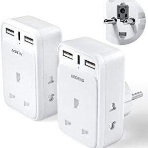 AODENG UK to European Travel Adapter 2 Pack, UK to EU Travel Adapter with 3 USB Ports (1 20W USB C), European Plug Adapter with 2 Shaver Adapter for Germany France Poland Spain and More (Type E/F)