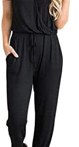 PRETTYGARDEN Women's Casual Short Sleeve Elastic Waist Jumpsuit Rompers Black
