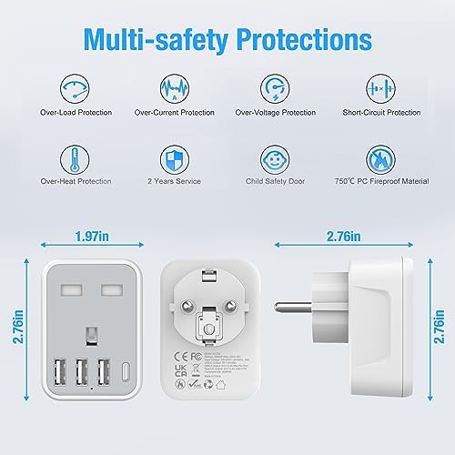 UK to European Travel Adaptor with 4 USB Ports(1 USB C), Grounded EU Euro Europe to UK Power Plug Adapter for Germany Spain France Iceland Greece Poland Netherlands Austria Turkey etc (Type E/F) - Image 2