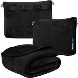 PAVILIA Travel Blanket and Pillow | Warm Soft Fleece 2-in-1 Combo Blanket for Airplane, Camping, Car Trips | Large Compact Blanket Set with Luggage Strap & Backpack Clip, 60 x 43 (Solid Black)