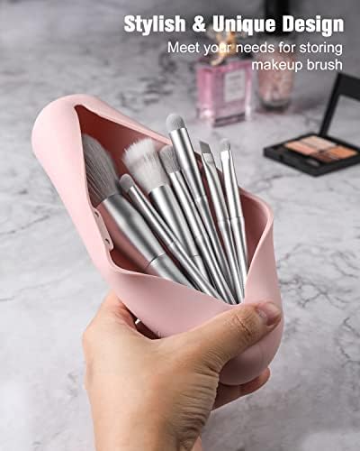 FERYES Travel Makeup Brush Holder, Silicon Trendy and Portable Cosmetic Face Brushes Holder, Soft and Sleek Makeup Tools Organizer for Travel- Pink - Image 3
