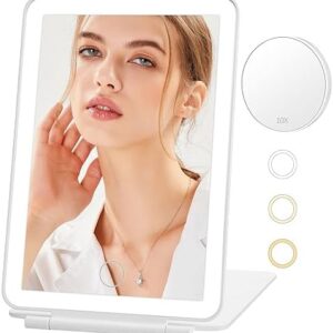 Travel Makeup Mirror with 10X Magnifying Mirror, Lighted Makeup Mirror with 80 Led Lights in 3 Colors, Rechargeable 2000mAh Batteries, Portable Ultra Slim Vanity Mirror, Travel Accessories for Women