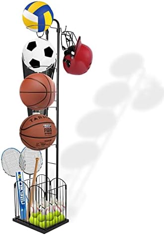BQKOZFIN Ball Storage Rack, Sports Equipment Storage for Garage, 4 Tier Basketball Organizer Rack with Basket and Hooks, Toy/Sports Gear Storage Indoor/Outdoor (Black)
