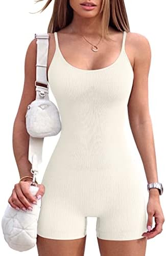 OQQ Women's Yoga Rompers One Piece Ribbed Spaghetti Strap Exercise Romper