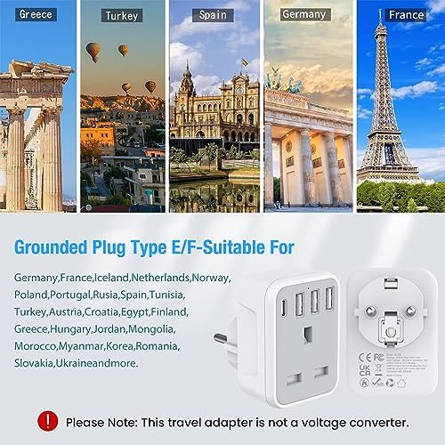 UK to European Travel Adaptor with 4 USB Ports(1 USB C), Grounded EU Euro Europe to UK Power Plug Adapter for Germany Spain France Iceland Greece Poland Netherlands Austria Turkey etc (Type E/F) - Image 7