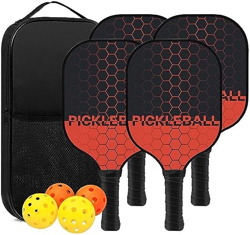 Touyinger Pickleball Paddles, Set of 4 Pickleball Racket with Fiberglass Surface PickleBall Set with 4 Balls Equipment and Portable Bag, Indoor & Outdoor Pickleball Sports for Men Women
