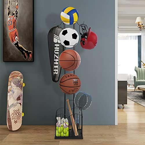 BQKOZFIN Ball Storage Rack, Sports Equipment Storage for Garage, 4 Tier Basketball Organizer Rack with Basket and Hooks, Toy/Sports Gear Storage Indoor/Outdoor (Black) - Image 7