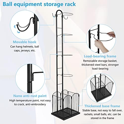 BQKOZFIN Ball Storage Rack, Sports Equipment Storage for Garage, 4 Tier Basketball Organizer Rack with Basket and Hooks, Toy/Sports Gear Storage Indoor/Outdoor (Black) - Image 3