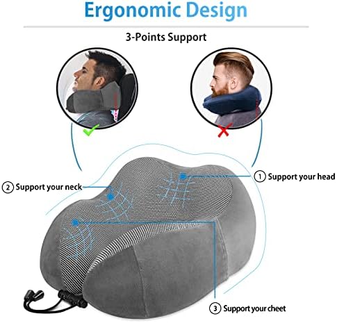LUXSURE Travel Pillow Neck Pillow Memory Foam for Sleeping Comfortable Support Head Cushion Flight Pillow Special Designed Neck Chin Support for Plane & Car & Office (Grey) - Image 3