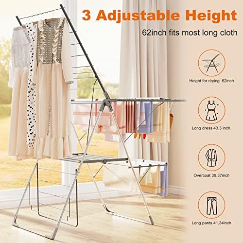 Innotic Clothes Airer with 33 bars, 2-Level Foldable Clothes Drying Rack Indoor Outdoor, Stainless Steel Large Clothes Horse, 6 Height-Adjustable Laundry Drying Rack for Clothes, Quilt, Shoes, Bag - Image 3